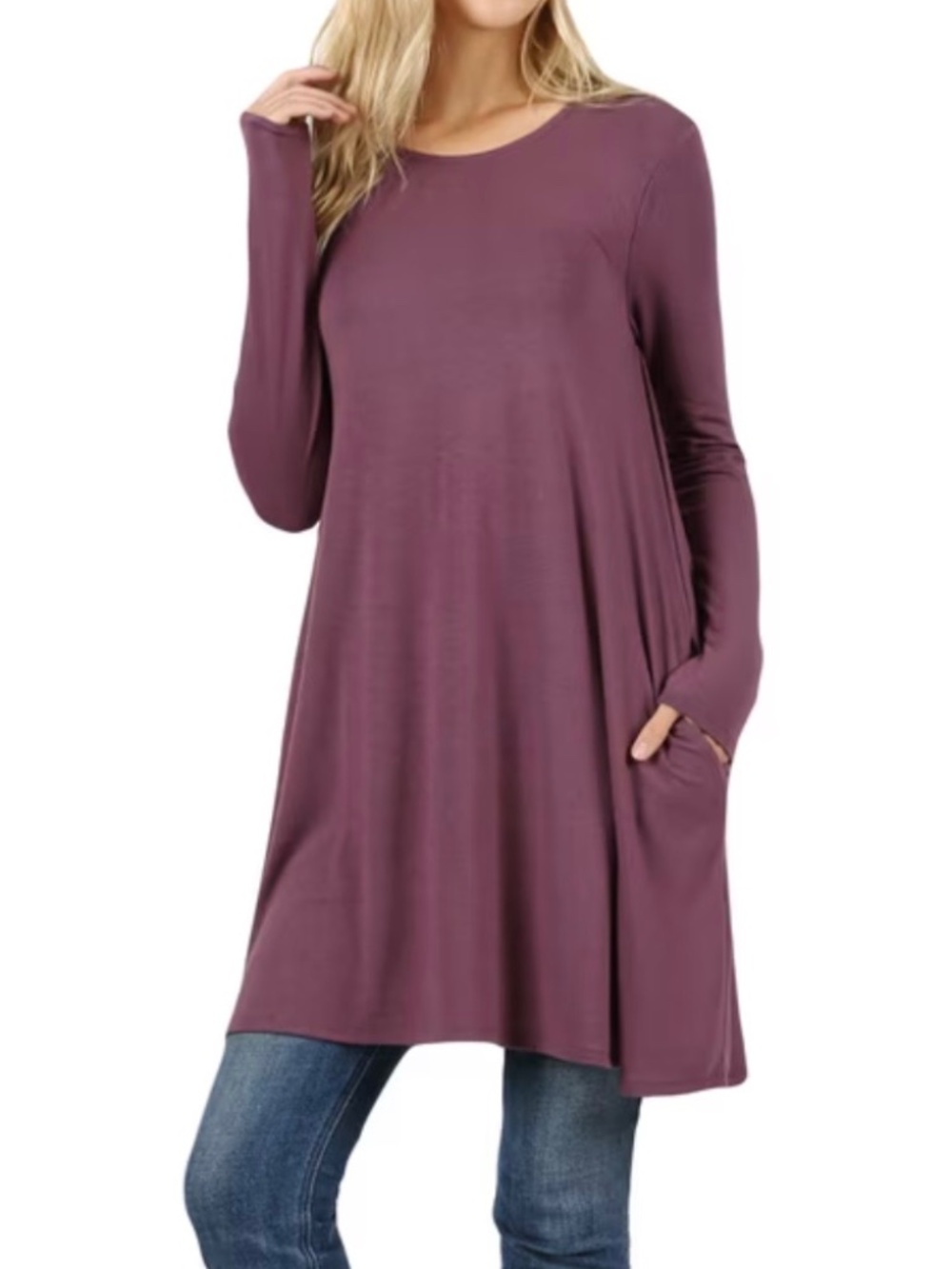 Zenana Premium Long Sleeve Swing Dress with Pockets Mauve Plum Small